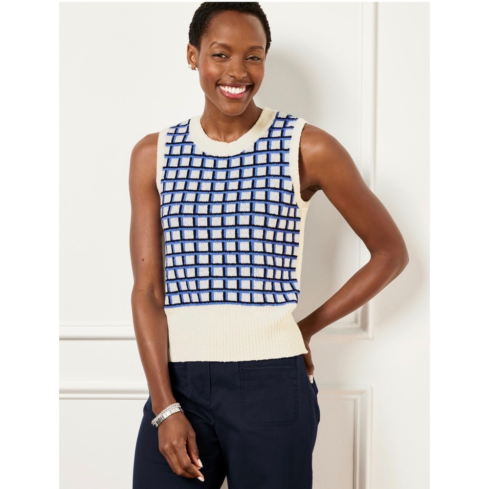 Talbots Womens Blue Cream Geometric Grid Cotton Knit Sleeveless Sweater Vest L
